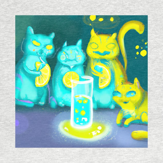 Several Glowing Blue Cats Bring Lemon Offerings to a Glass of Water by Star Scrunch